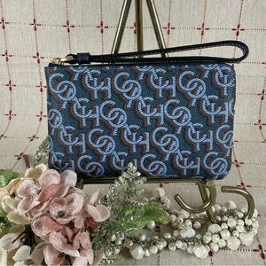 COACH Canvas & Leather Corner Zip Wristlet Small Wallet Clutch CF548 Navy Gold
